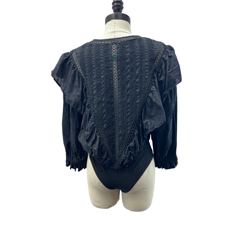 FARM Rio Black Lace-Trim Puff-Sleeve Bodysuit - Picture 6 of 10